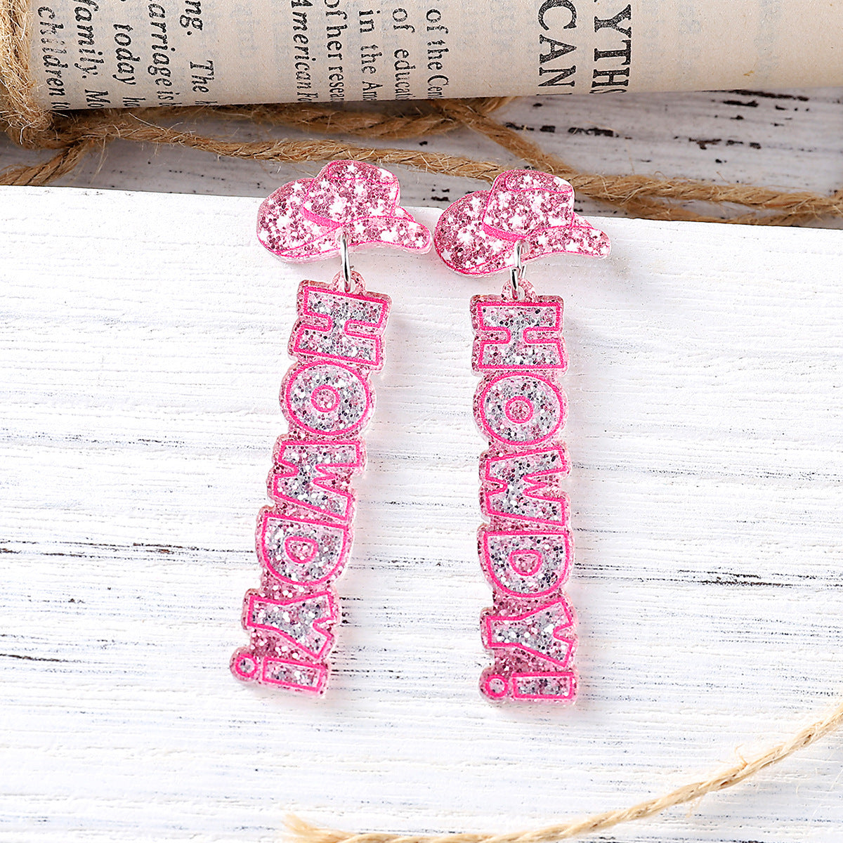 Wholesale Western style cowboy hat pink sequin acrylic pendant earrings